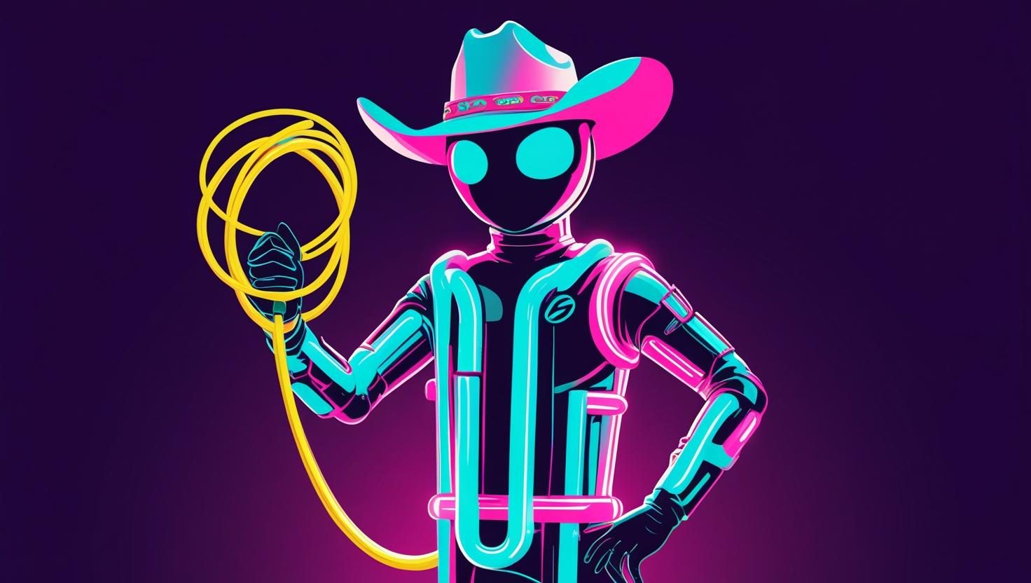 The MEVPAC mascot, a neon cowboy robot holding a charging cable lasso
